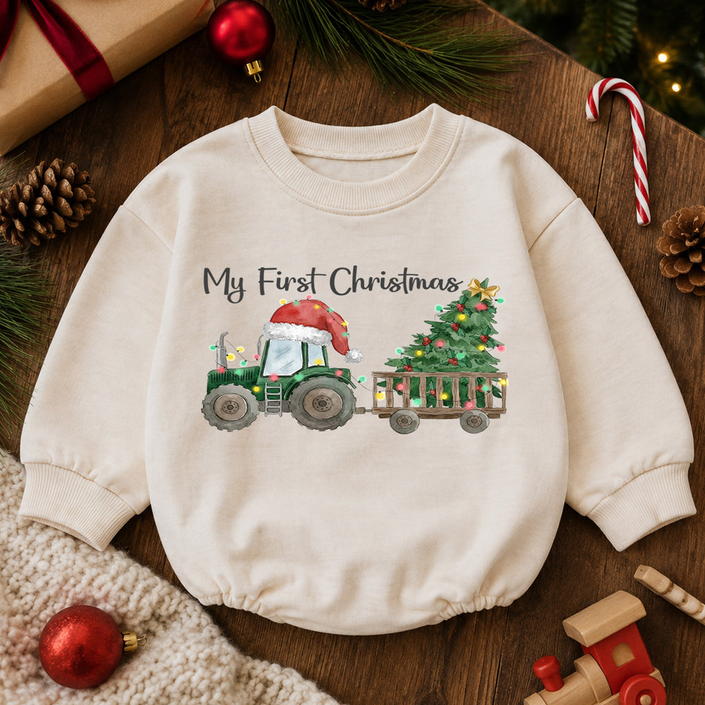 My First Christmas Baby Outfit, Christmas Tractor Baby Romper, Baby First Christmas Outfit, Farm Toddler Holiday Romper, 1st Xmas Gift — product view 6