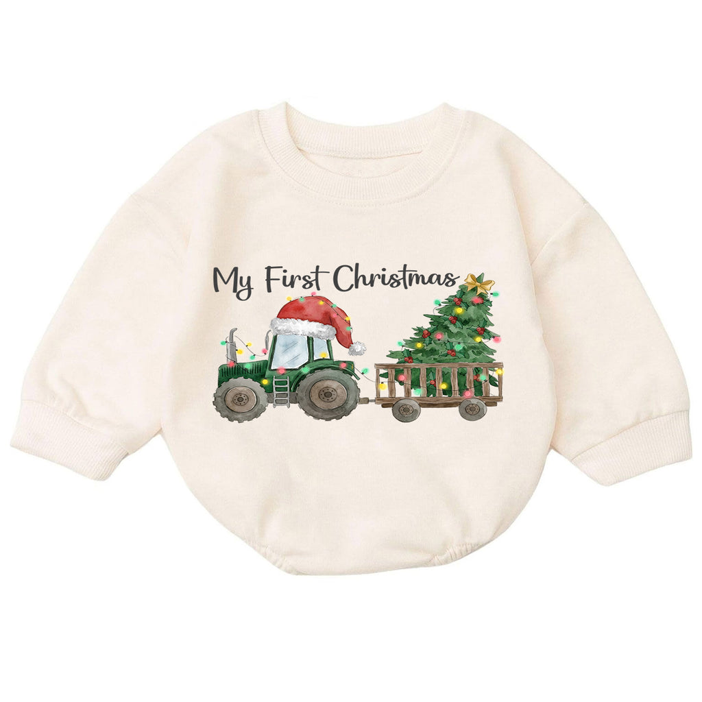 My First Christmas Baby Outfit, Christmas Tractor Baby Romper, Baby First Christmas Outfit, Farm Toddler Holiday Romper, 1st Xmas Gift — product view 7