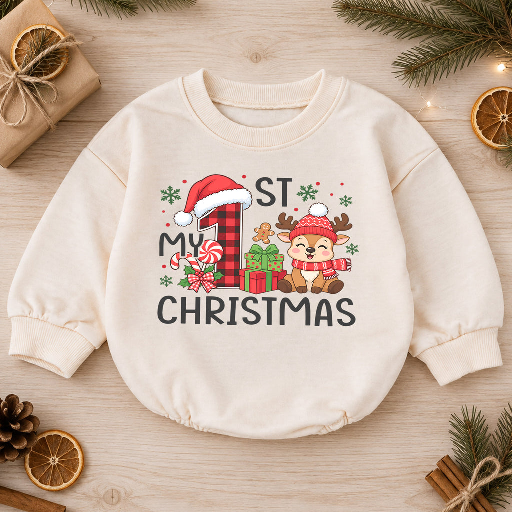 My First Christmas Baby Romper, Plaid Number One Reindeer Outfit, Baby 1st Xmas Romper, Cute Holiday Christmas Gift — product view 1