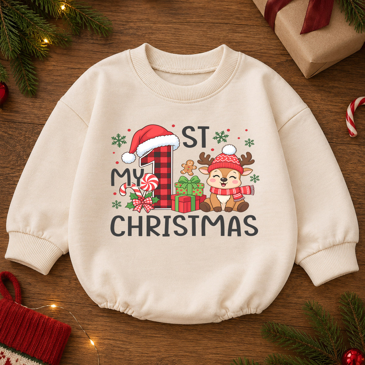 My First Christmas Baby Romper, Plaid Number One Reindeer Outfit, Baby 1st Xmas Romper, Cute Holiday Christmas Gift — product view 2