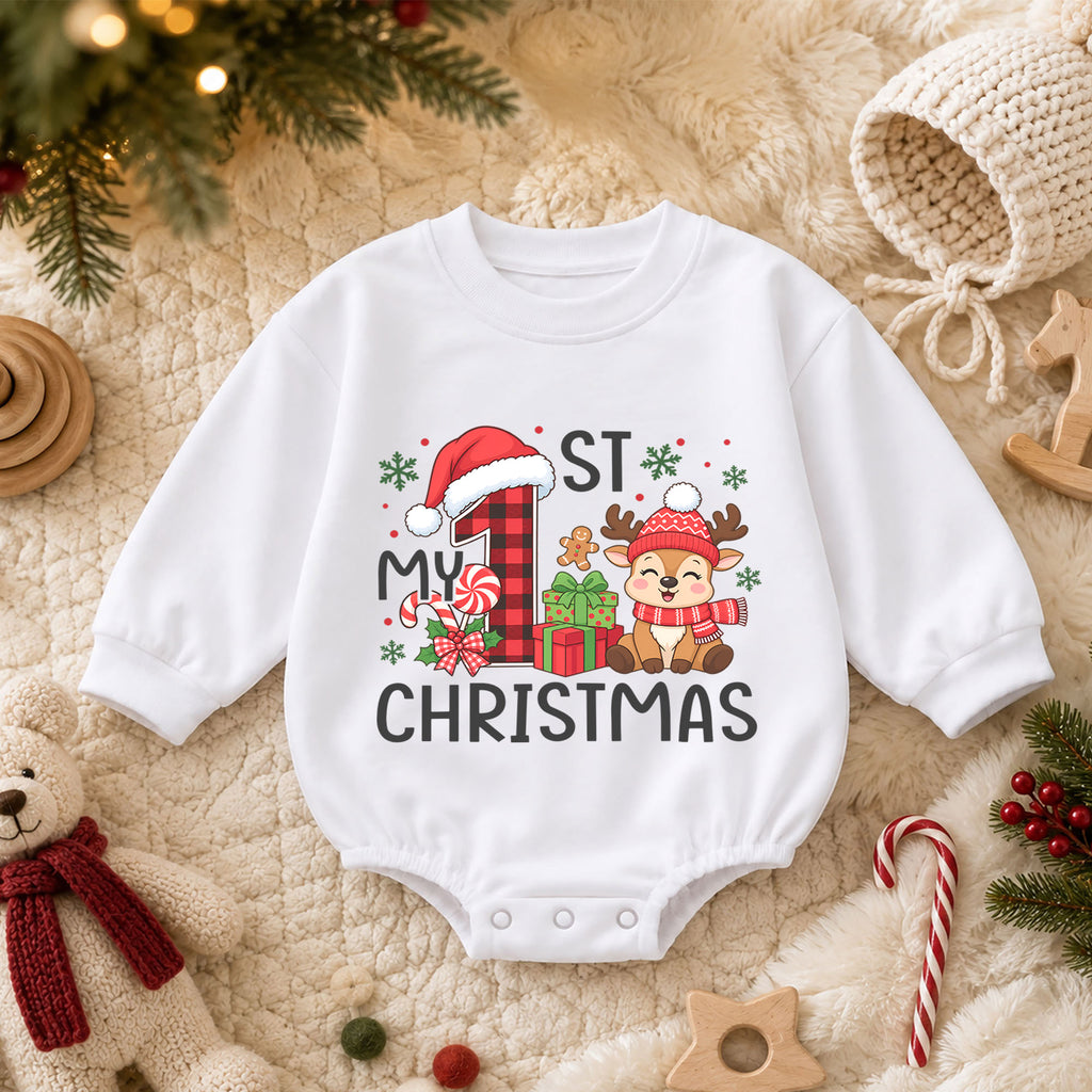 My First Christmas Baby Romper, Plaid Number One Reindeer Outfit, Baby 1st Xmas Romper, Cute Holiday Christmas Gift — product view 3