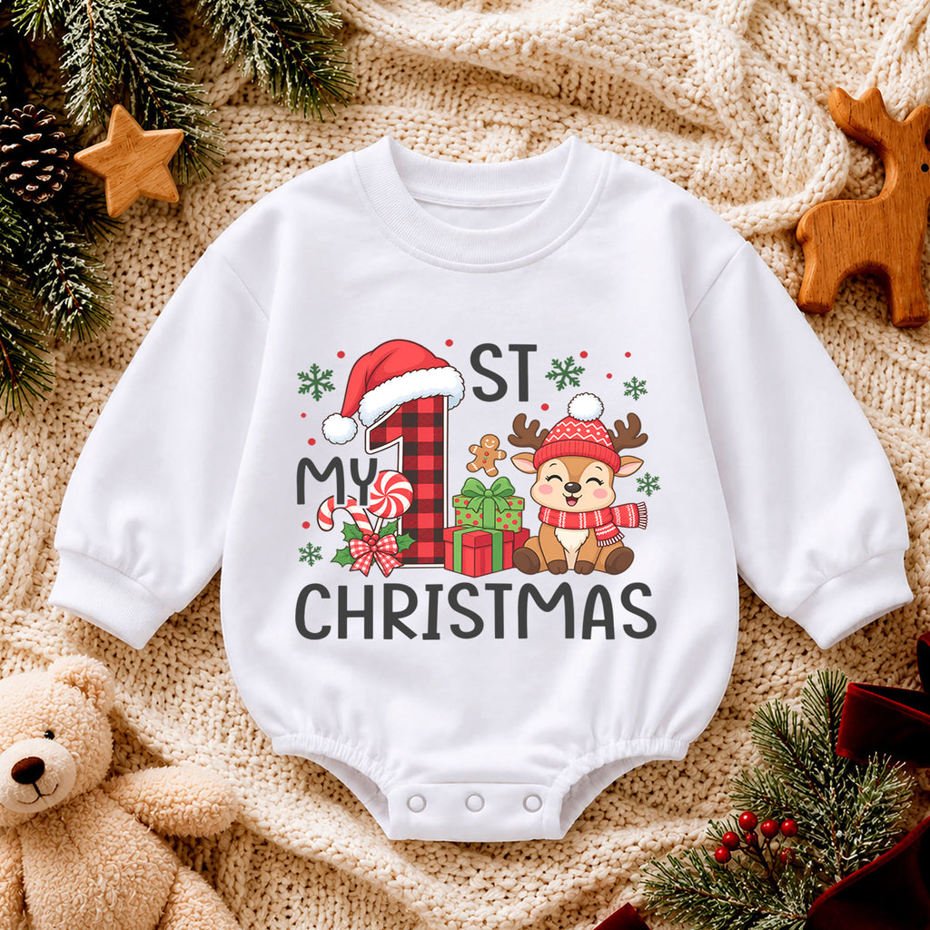 My First Christmas Baby Romper, Plaid Number One Reindeer Outfit, Baby 1st Xmas Romper, Cute Holiday Christmas Gift — product view 4