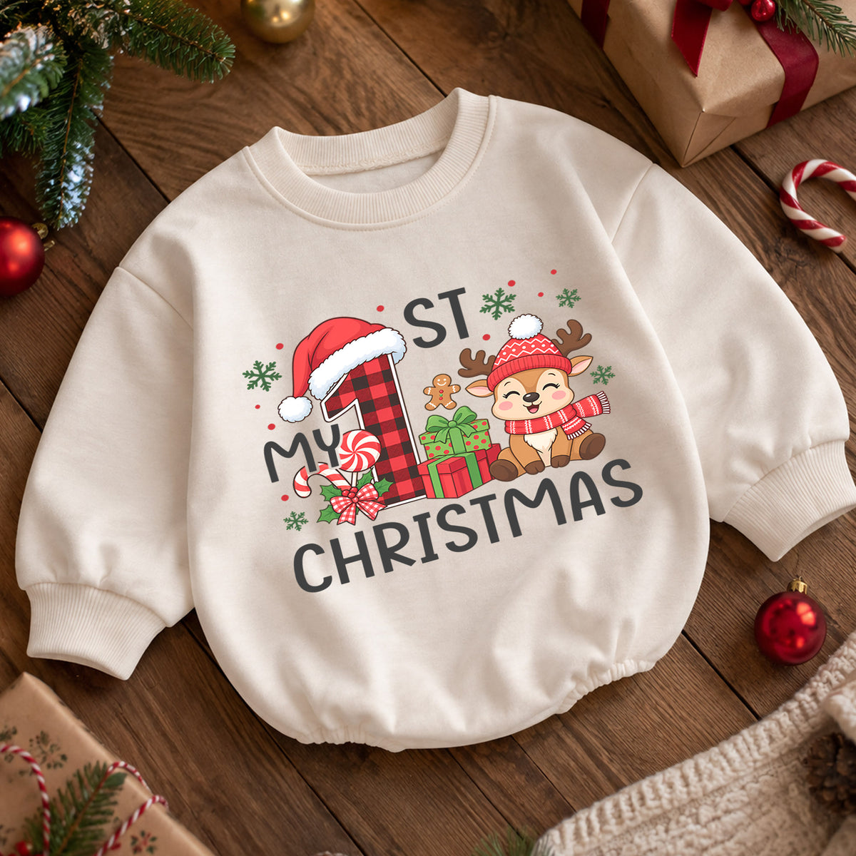 My First Christmas Baby Romper, Plaid Number One Reindeer Outfit, Baby 1st Xmas Romper, Cute Holiday Christmas Gift — product view 5