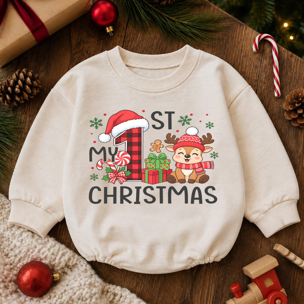 My First Christmas Baby Romper, Plaid Number One Reindeer Outfit, Baby 1st Xmas Romper, Cute Holiday Christmas Gift — product view 6