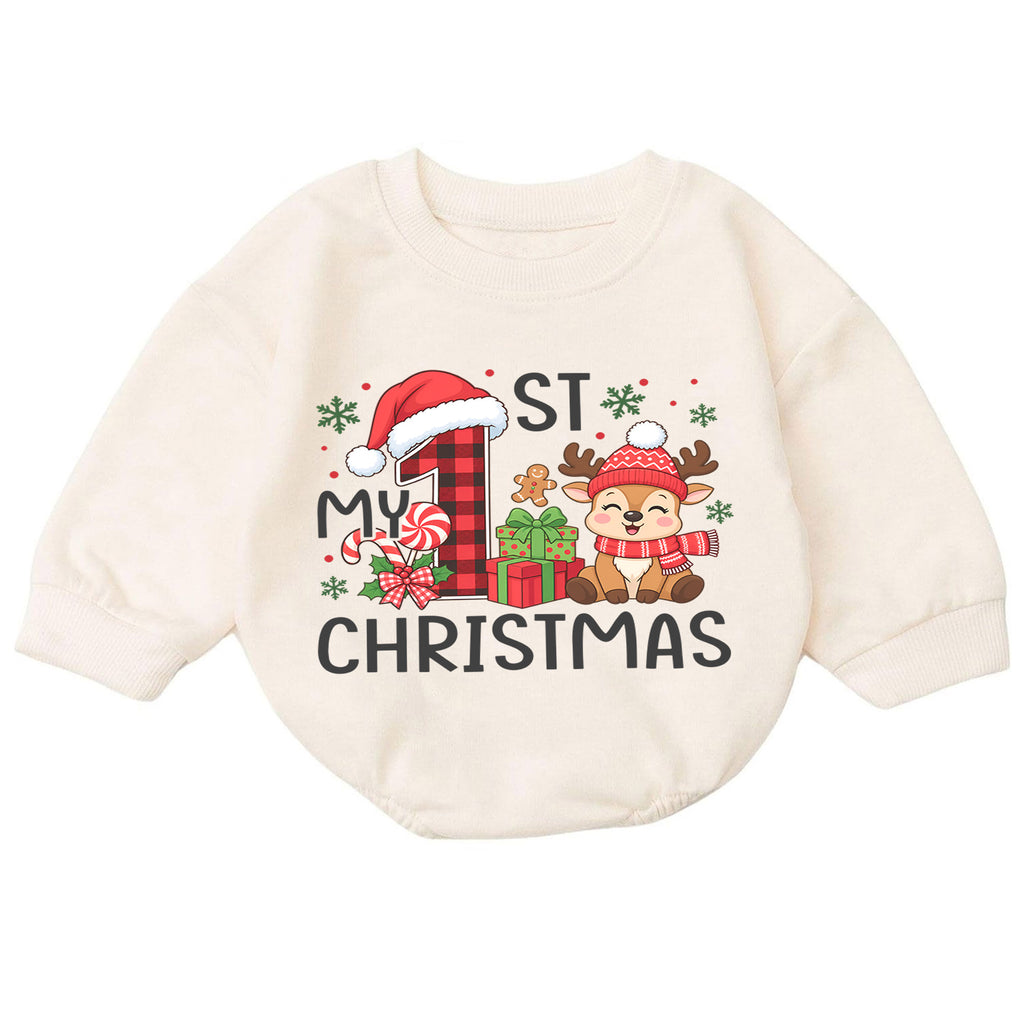 My First Christmas Baby Romper, Plaid Number One Reindeer Outfit, Baby 1st Xmas Romper, Cute Holiday Christmas Gift — product view 7