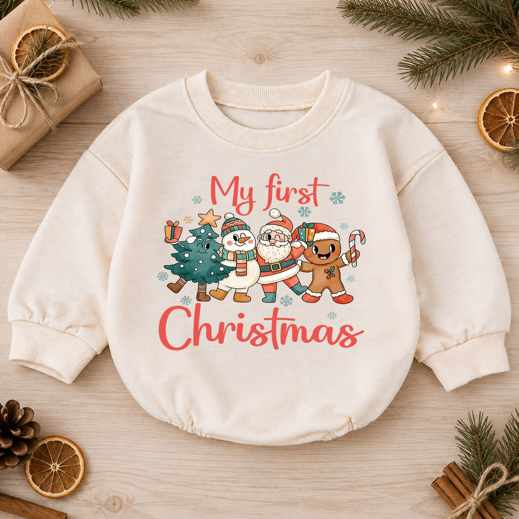 My First Christmas Baby Outfit, Baby First Christmas Romper, Santa Snowman Gingerbread Tree, Toddler Holiday Outfit, Xmas Baby Gift — product view 1