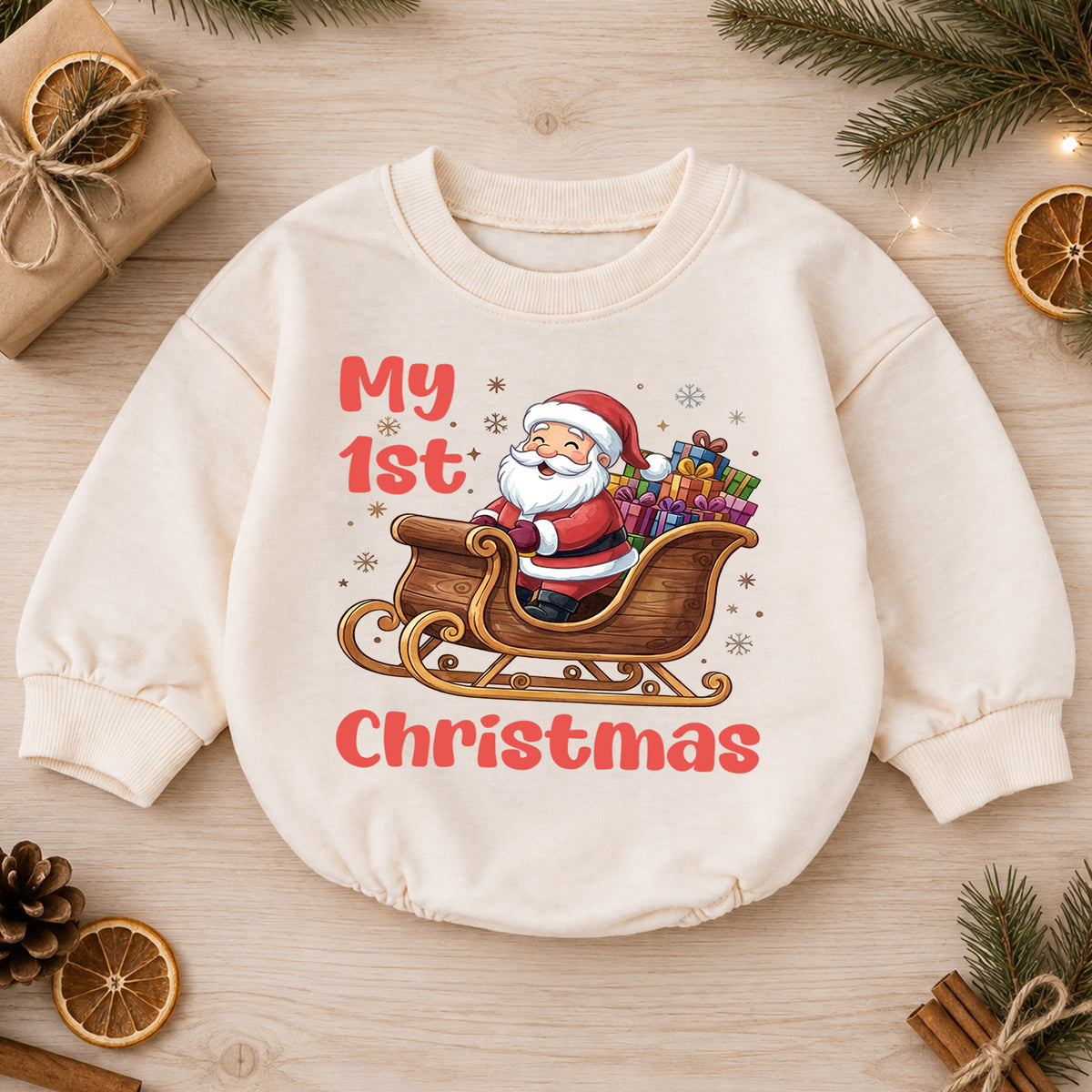 My 1st Christmas Baby Outfit, Santa Sleigh Baby First Christmas Romper, Infant Holiday Outfit, Toddler Christmas Romper, Xmas Baby Gift — product view 1