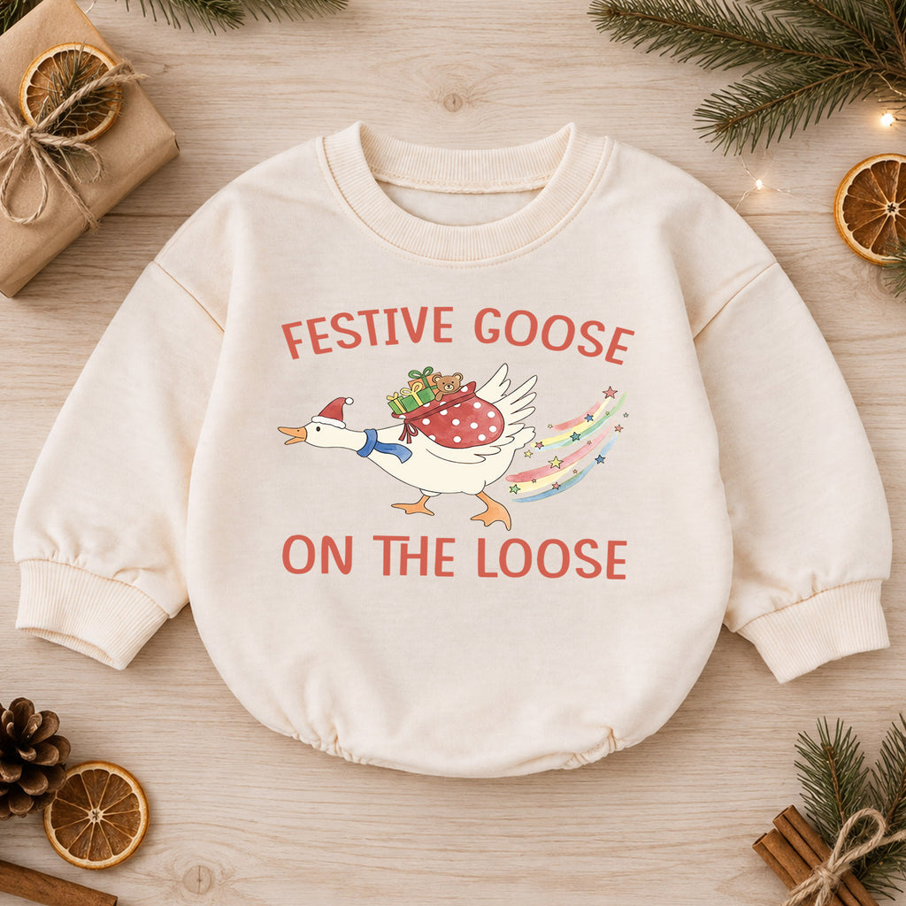 Festive Goose Christmas Baby Romper, Goose on the Loose Holiday Outfit, Funny Toddler Xmas Romper, Cute 1st Christmas Gift for Baby — product view 1