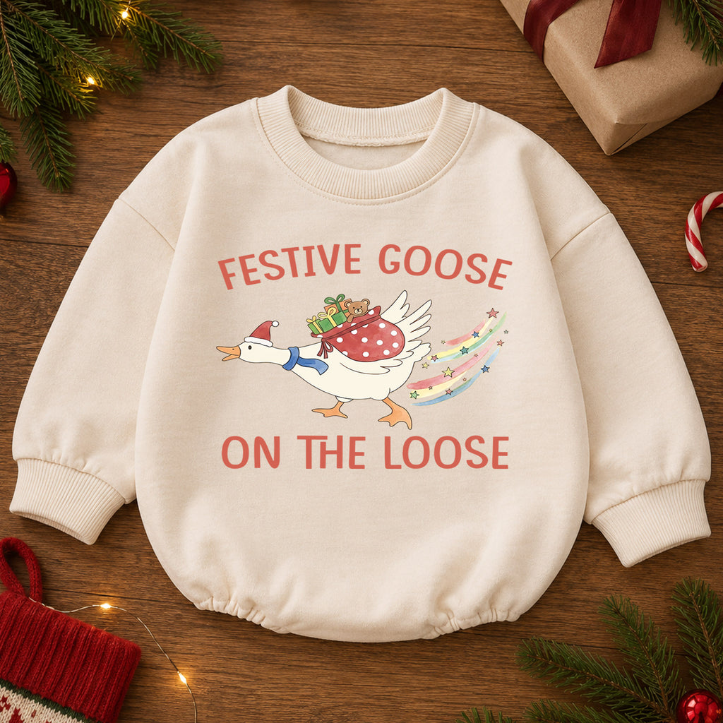 Festive Goose Christmas Baby Romper, Goose on the Loose Holiday Outfit, Funny Toddler Xmas Romper, Cute 1st Christmas Gift for Baby — product view 2