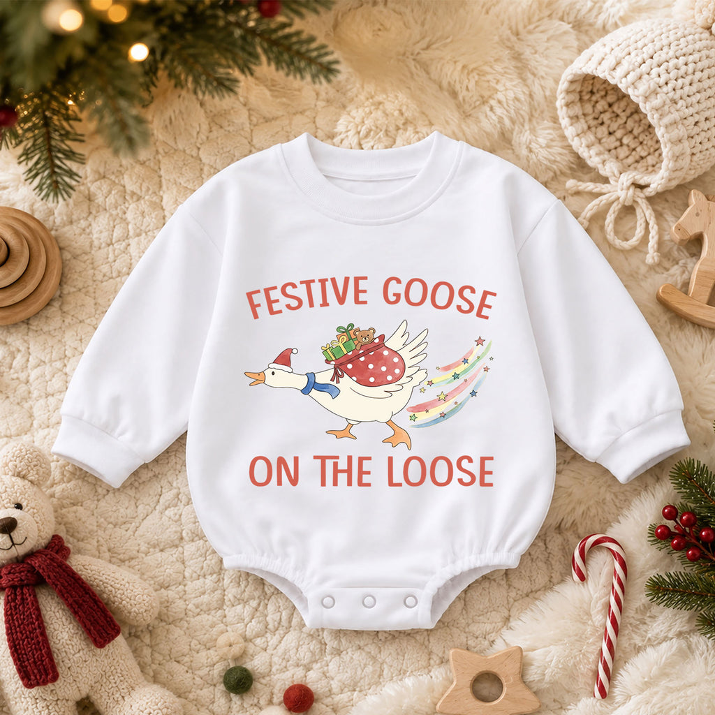 Festive Goose Christmas Baby Romper, Goose on the Loose Holiday Outfit, Funny Toddler Xmas Romper, Cute 1st Christmas Gift for Baby — product view 3
