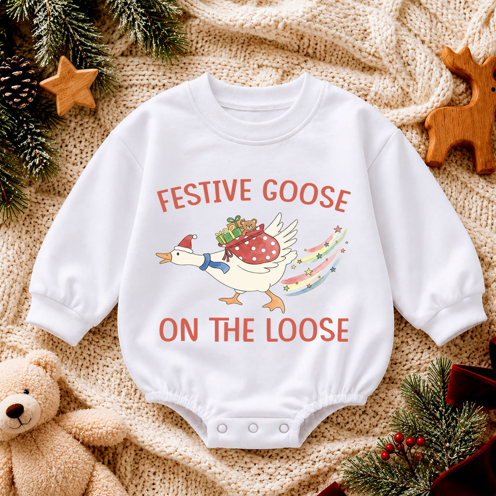 Festive Goose Christmas Baby Romper, Goose on the Loose Holiday Outfit, Funny Toddler Xmas Romper, Cute 1st Christmas Gift for Baby — product view 4