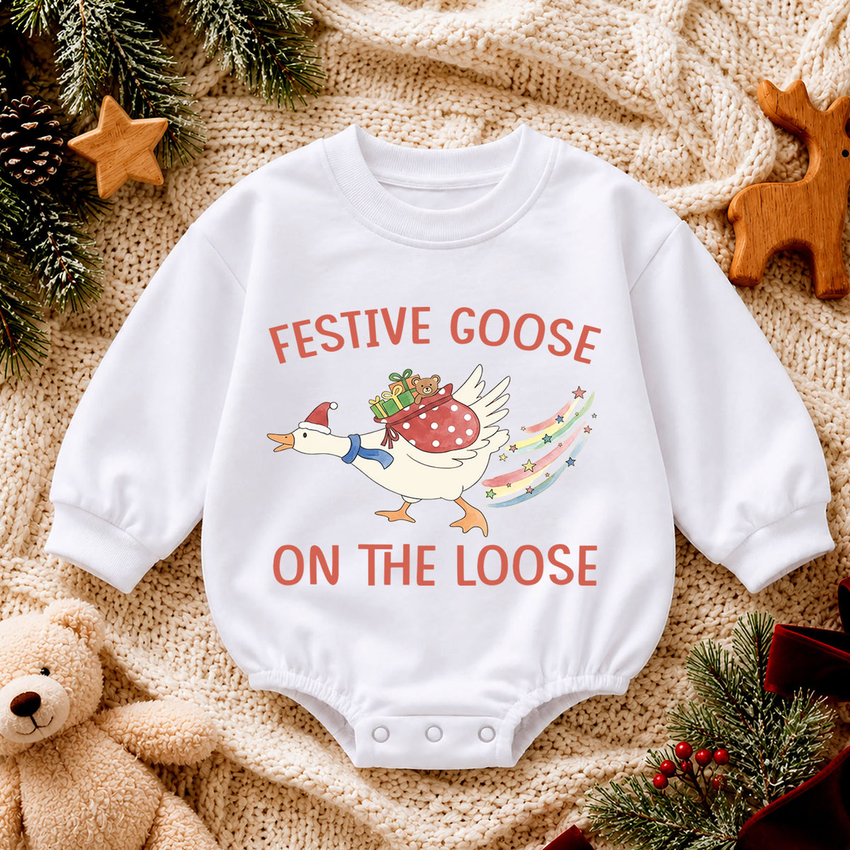 Festive Goose Christmas Baby Romper, Goose on the Loose Holiday Outfit, Funny Toddler Xmas Romper, Cute 1st Christmas Gift for Baby — product view 4