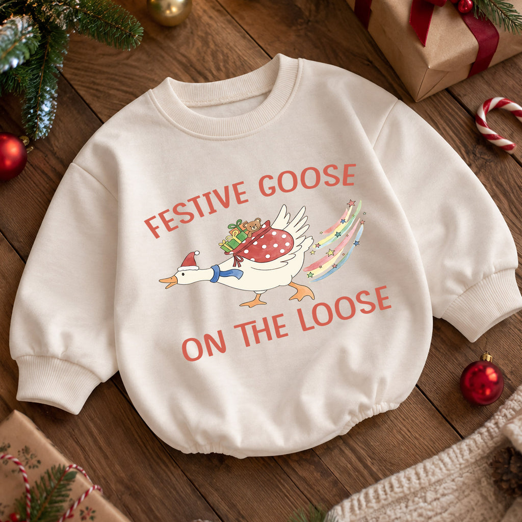 Festive Goose Christmas Baby Romper, Goose on the Loose Holiday Outfit, Funny Toddler Xmas Romper, Cute 1st Christmas Gift for Baby — product view 5