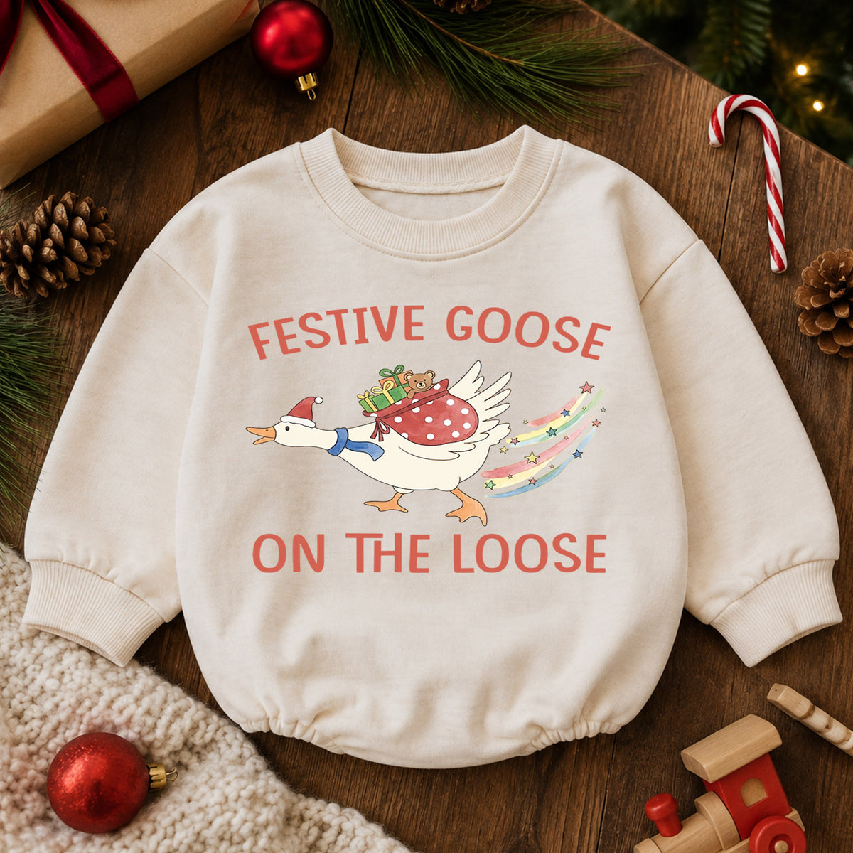 Festive Goose Christmas Baby Romper, Goose on the Loose Holiday Outfit, Funny Toddler Xmas Romper, Cute 1st Christmas Gift for Baby — product view 6