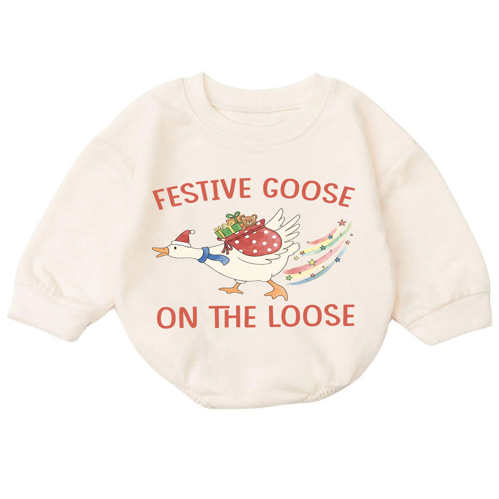 Festive Goose Christmas Baby Romper, Goose on the Loose Holiday Outfit, Funny Toddler Xmas Romper, Cute 1st Christmas Gift for Baby — product view 7