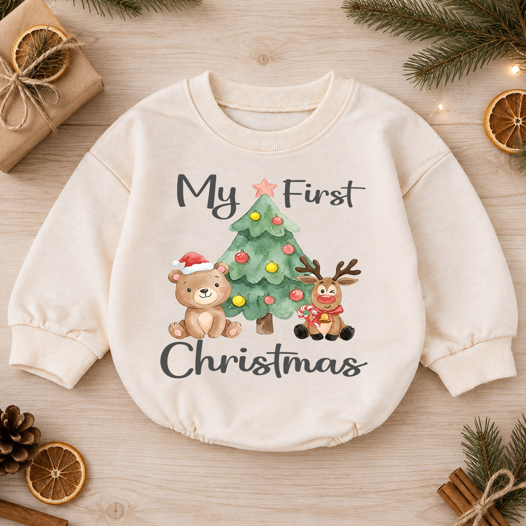 My First Christmas Baby Outfit, Cute Bear Reindeer Christmas Romper, Baby First Christmas, Toddler Holiday Romper, 1st Christmas Gift — product view 1