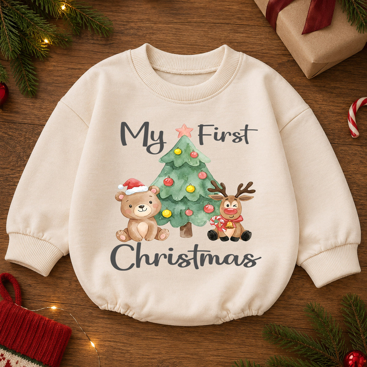 My First Christmas Baby Outfit, Cute Bear Reindeer Christmas Romper, Baby First Christmas, Toddler Holiday Romper, 1st Christmas Gift — product view 2