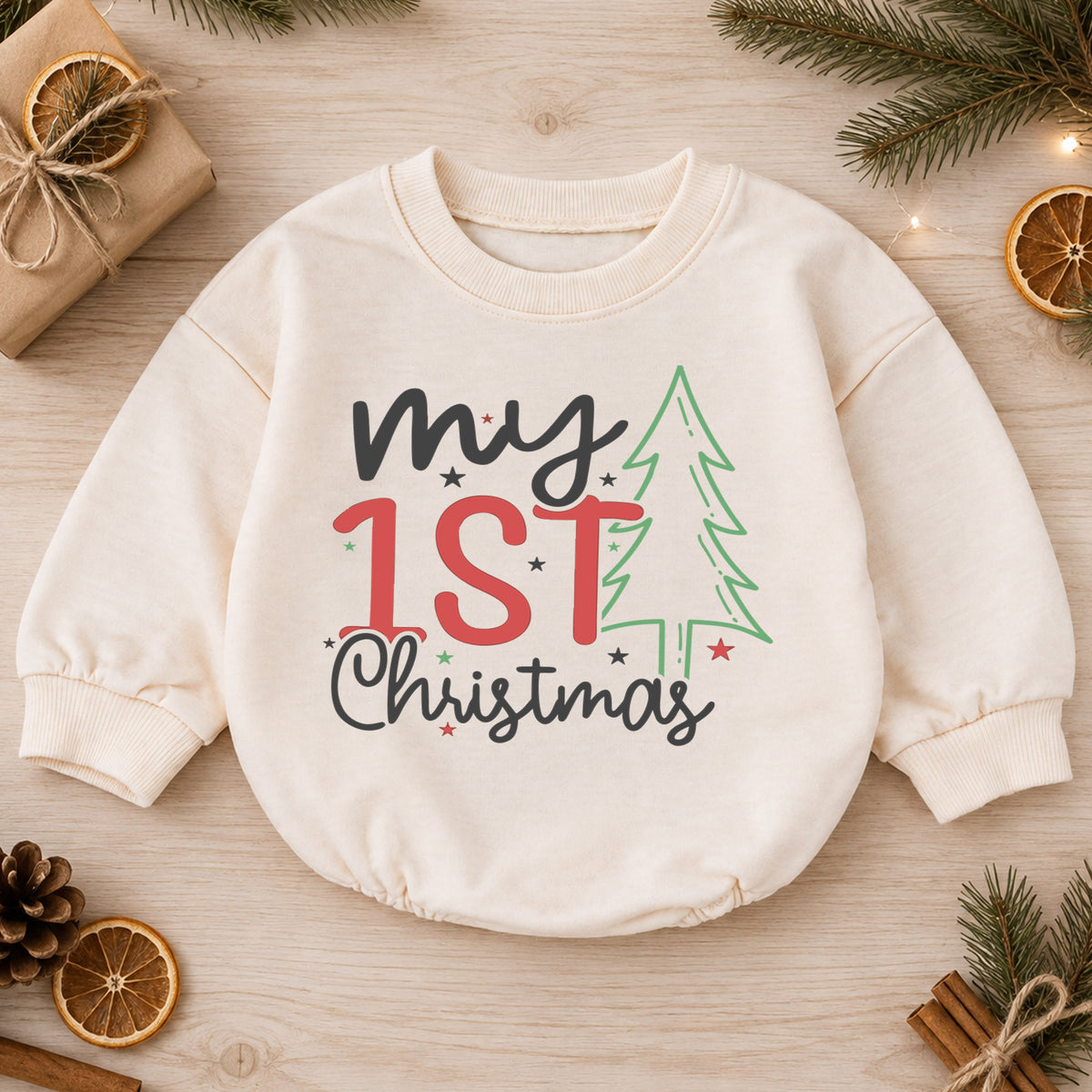 My 1st Christmas Baby Romper, Minimal Christmas Tree Romper, Baby First Xmas Outfit, Toddler Holiday Keepsake Gift — product view 1