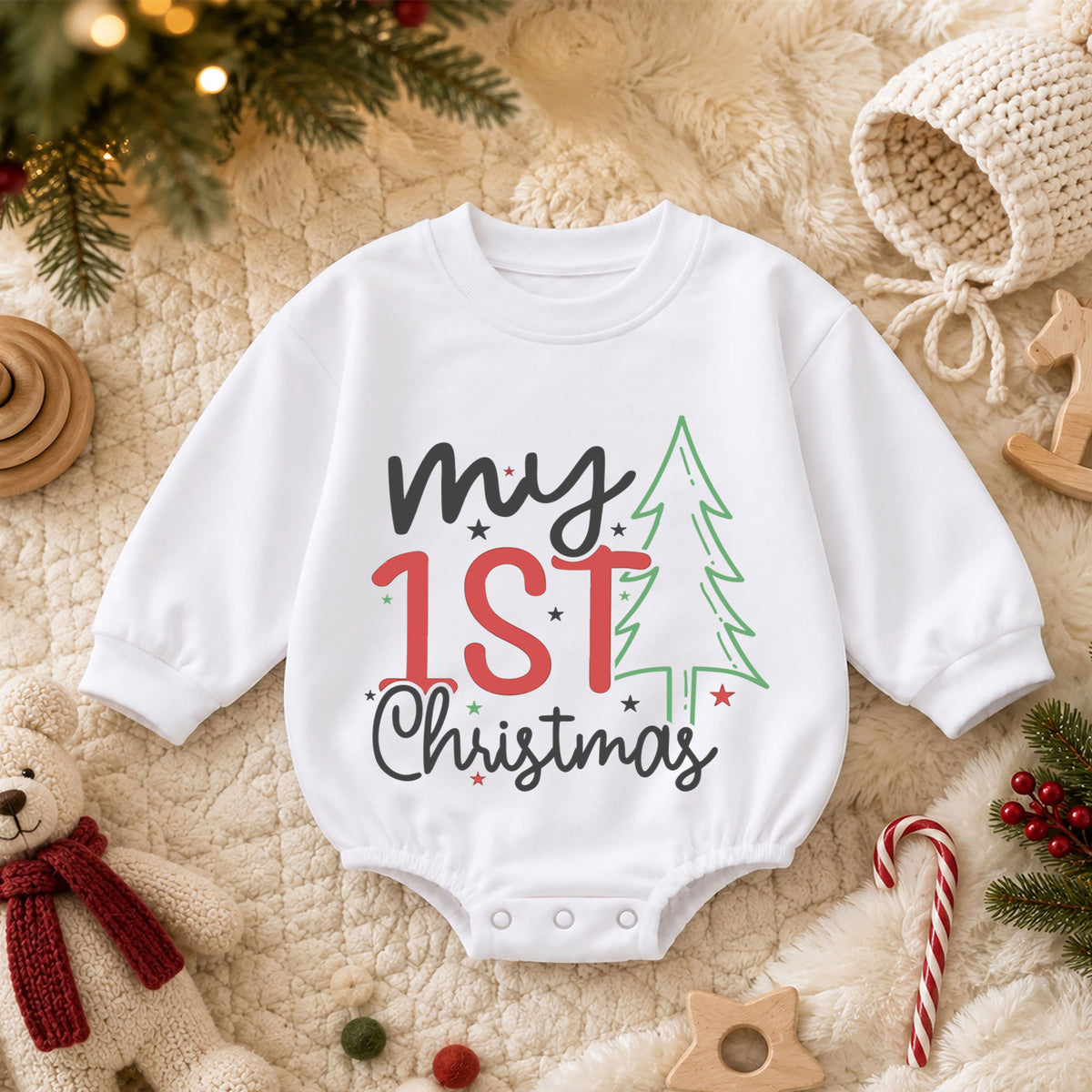 My 1st Christmas Baby Romper, Minimal Christmas Tree Romper, Baby First Xmas Outfit, Toddler Holiday Keepsake Gift — product view 3