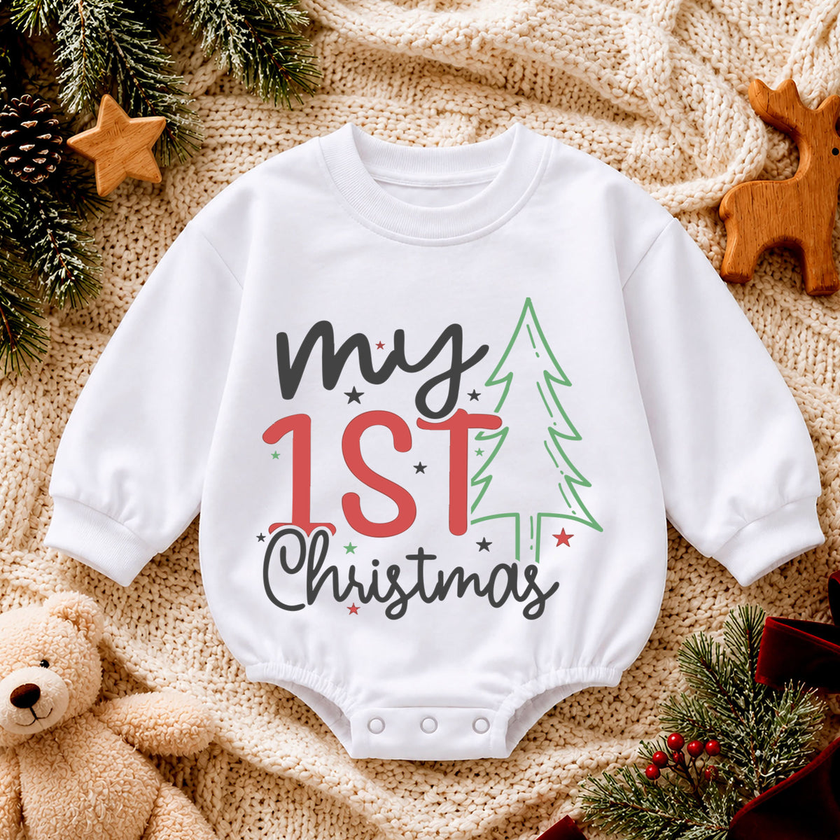 My 1st Christmas Baby Romper, Minimal Christmas Tree Romper, Baby First Xmas Outfit, Toddler Holiday Keepsake Gift — product view 4