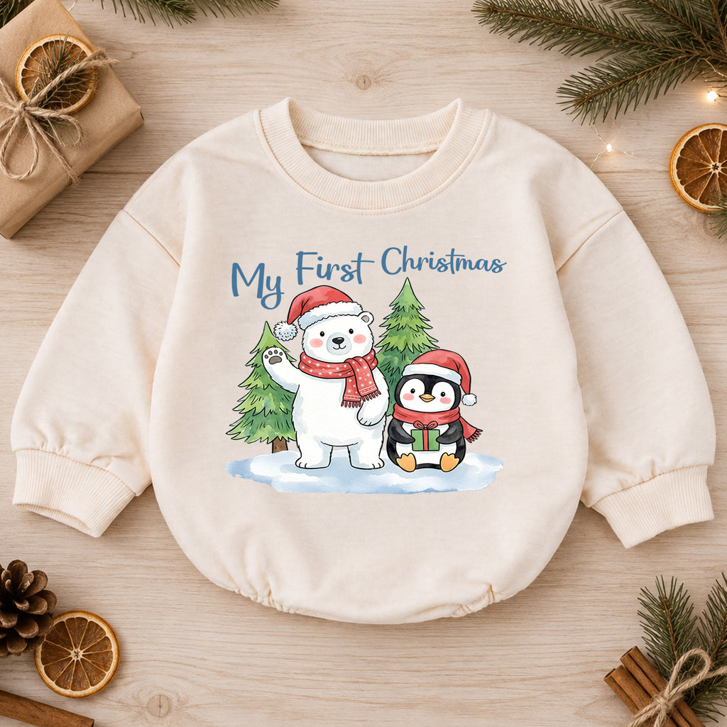 My First Christmas Baby Outfit, Polar Bear Penguin Christmas Romper, Baby First Christmas Outfit, Toddler Holiday Romper, Xmas Baby Gift — product view 1