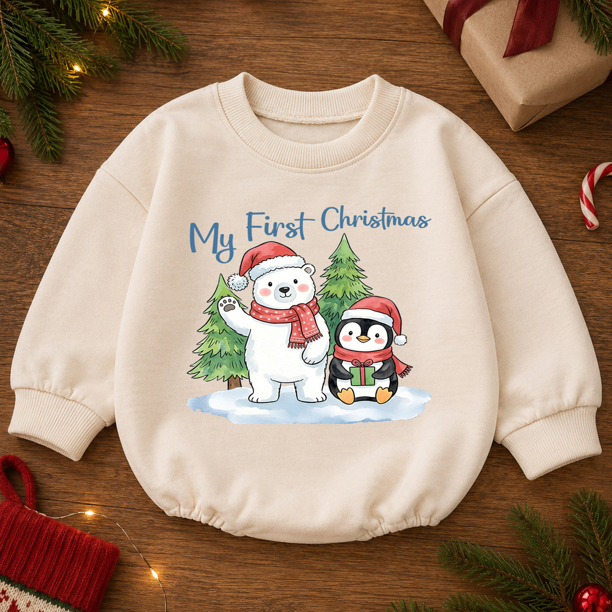 My First Christmas Baby Outfit, Polar Bear Penguin Christmas Romper, Baby First Christmas Outfit, Toddler Holiday Romper, Xmas Baby Gift — product view 2