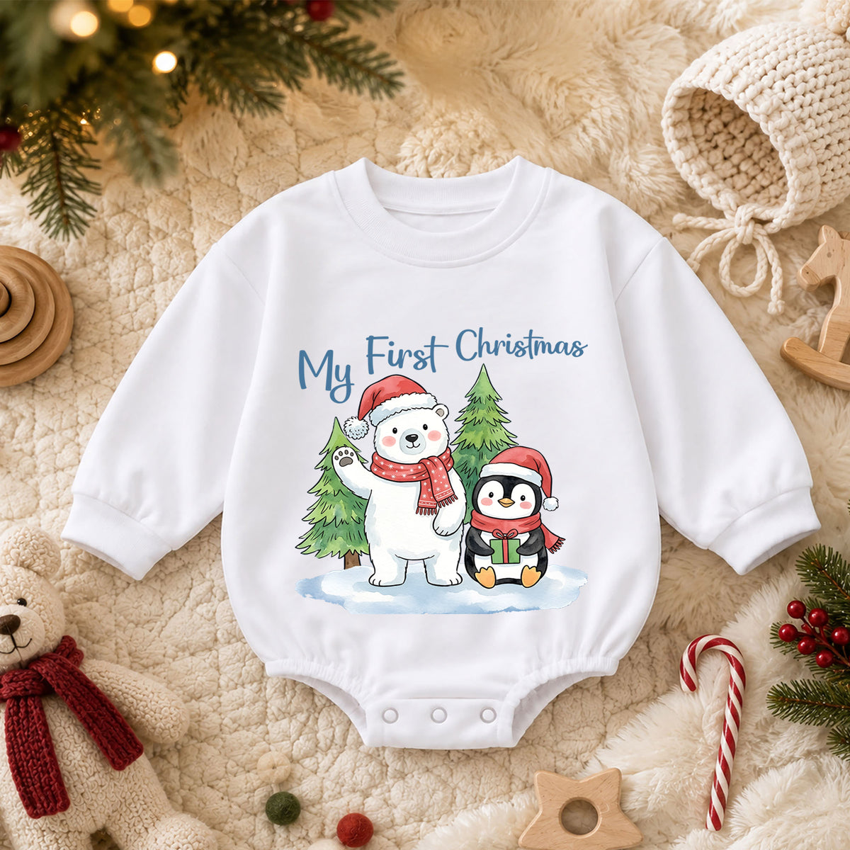 My First Christmas Baby Outfit, Polar Bear Penguin Christmas Romper, Baby First Christmas Outfit, Toddler Holiday Romper, Xmas Baby Gift — product view 3