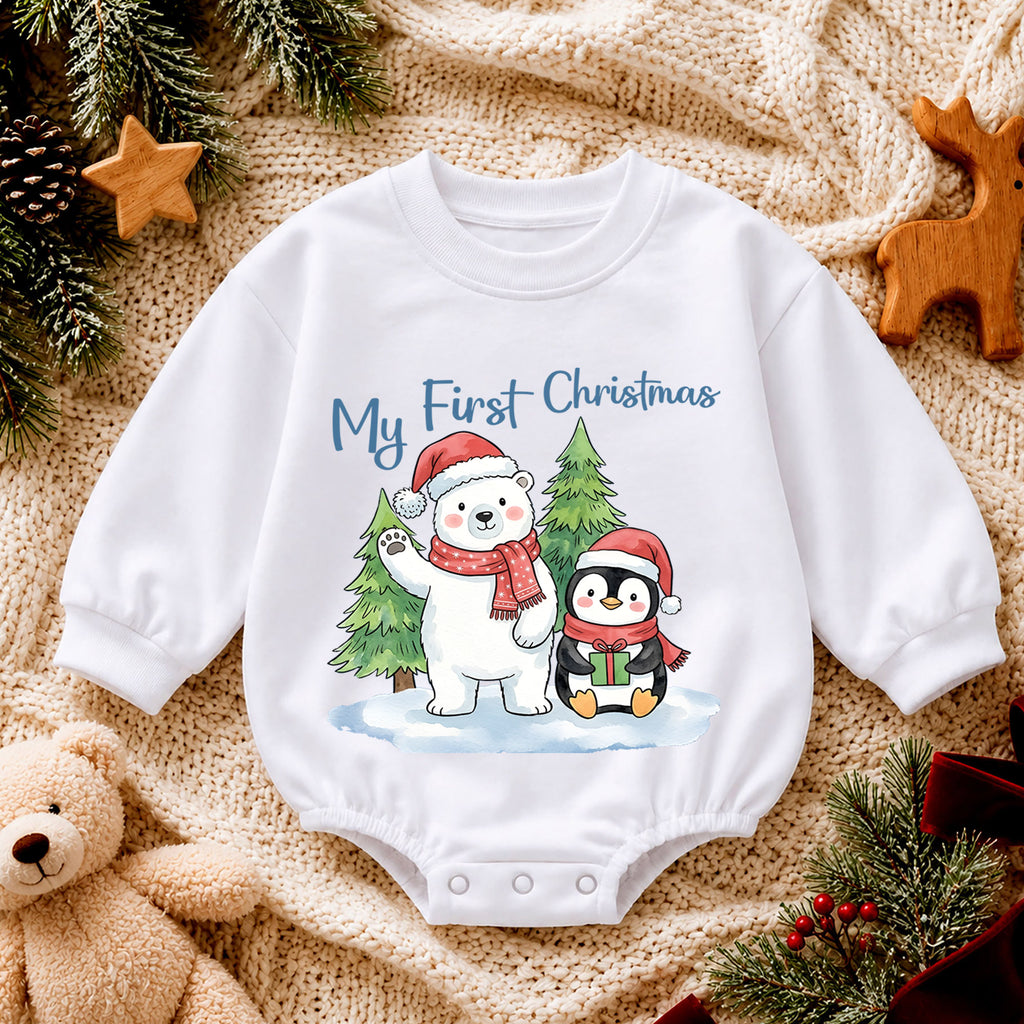 My First Christmas Baby Outfit, Polar Bear Penguin Christmas Romper, Baby First Christmas Outfit, Toddler Holiday Romper, Xmas Baby Gift — product view 4