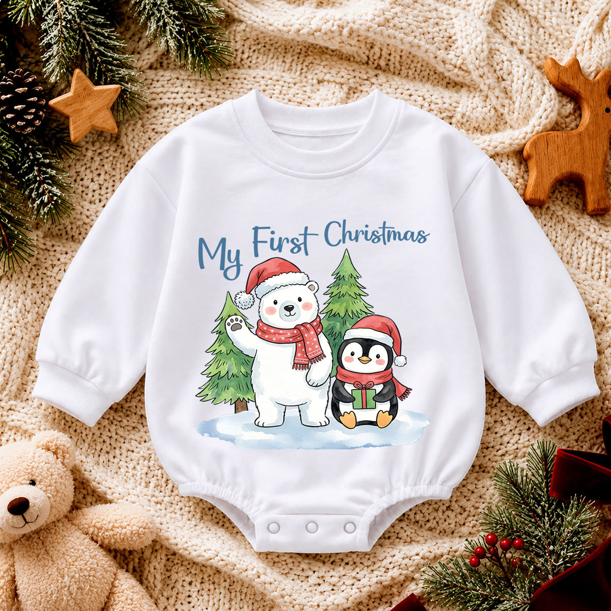 My First Christmas Baby Outfit, Polar Bear Penguin Christmas Romper, Baby First Christmas Outfit, Toddler Holiday Romper, Xmas Baby Gift — product view 4