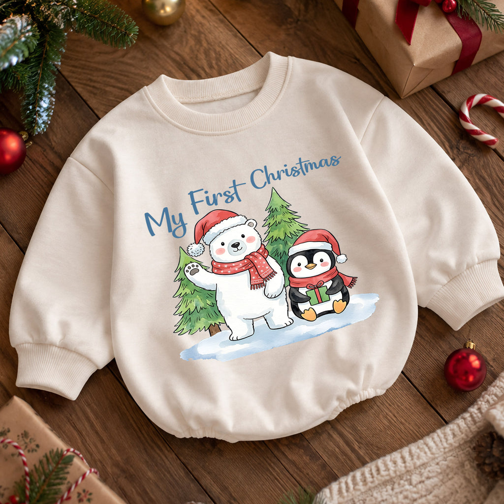 My First Christmas Baby Outfit, Polar Bear Penguin Christmas Romper, Baby First Christmas Outfit, Toddler Holiday Romper, Xmas Baby Gift — product view 5