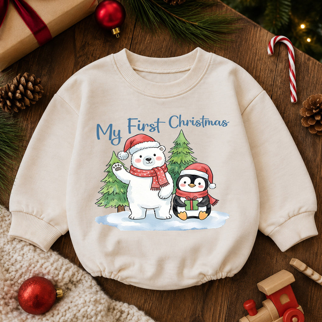 My First Christmas Baby Outfit, Polar Bear Penguin Christmas Romper, Baby First Christmas Outfit, Toddler Holiday Romper, Xmas Baby Gift — product view 6