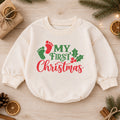 My First Christmas Baby Romper, Baby Footprint Christmas Outfit, Newborn First Xmas Romper, Cute Holiday Baby Gift — product view 1