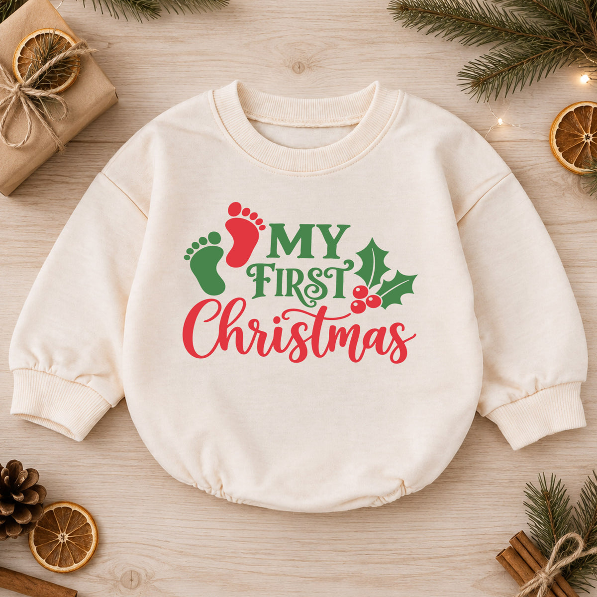My First Christmas Baby Romper, Baby Footprint Christmas Outfit, Newborn First Xmas Romper, Cute Holiday Baby Gift — product view 1