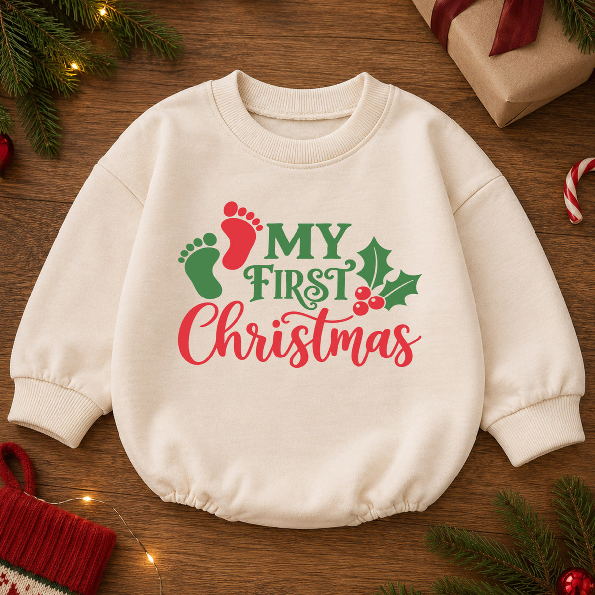 My First Christmas Baby Romper, Baby Footprint Christmas Outfit, Newborn First Xmas Romper, Cute Holiday Baby Gift — product view 2