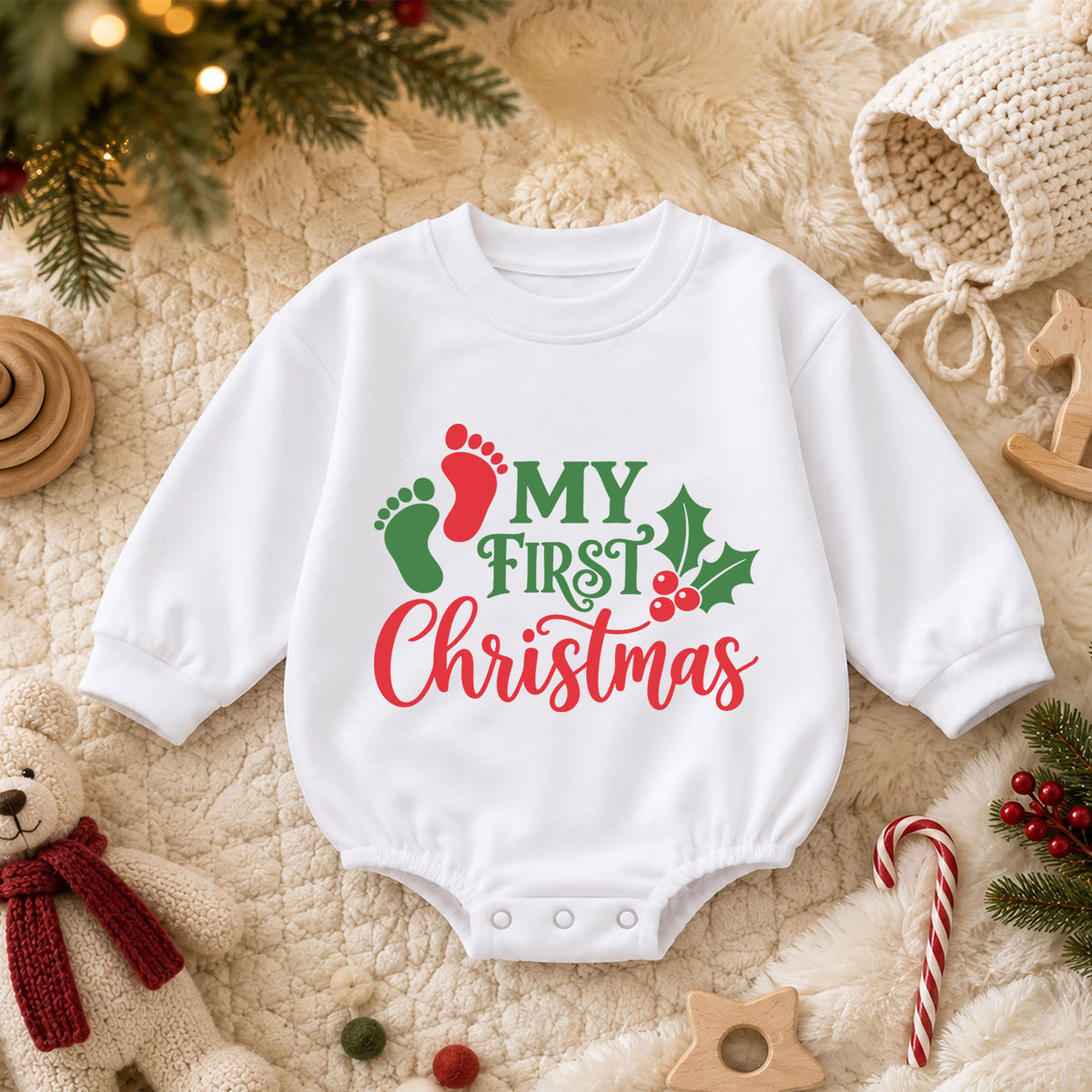My First Christmas Baby Romper, Baby Footprint Christmas Outfit, Newborn First Xmas Romper, Cute Holiday Baby Gift — product view 3