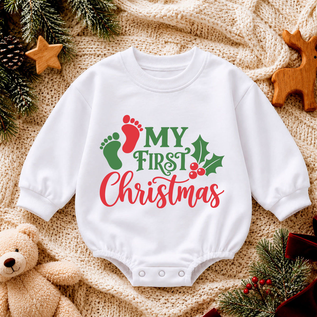 My First Christmas Baby Romper, Baby Footprint Christmas Outfit, Newborn First Xmas Romper, Cute Holiday Baby Gift — product view 4