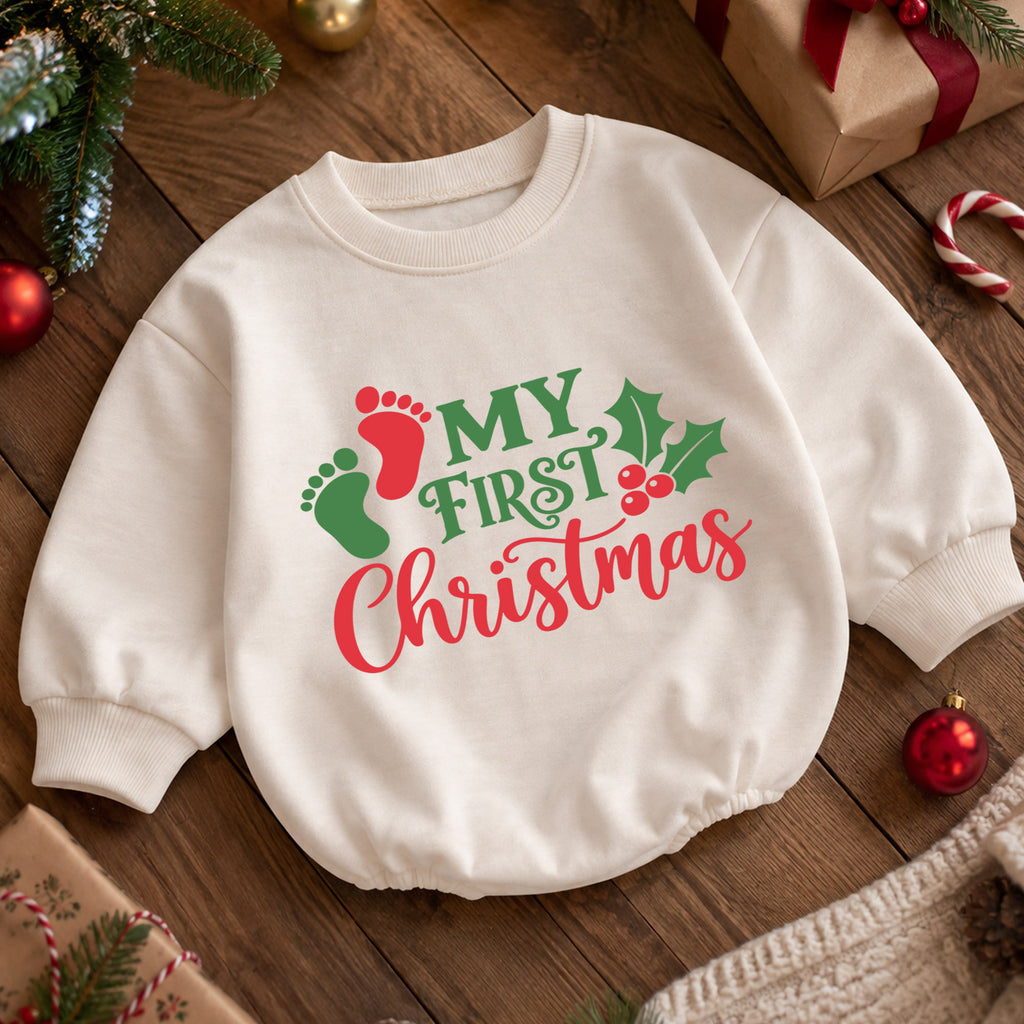 My First Christmas Baby Romper, Baby Footprint Christmas Outfit, Newborn First Xmas Romper, Cute Holiday Baby Gift — product view 5