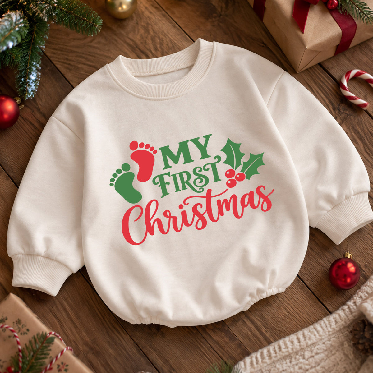 My First Christmas Baby Romper, Baby Footprint Christmas Outfit, Newborn First Xmas Romper, Cute Holiday Baby Gift — product view 5