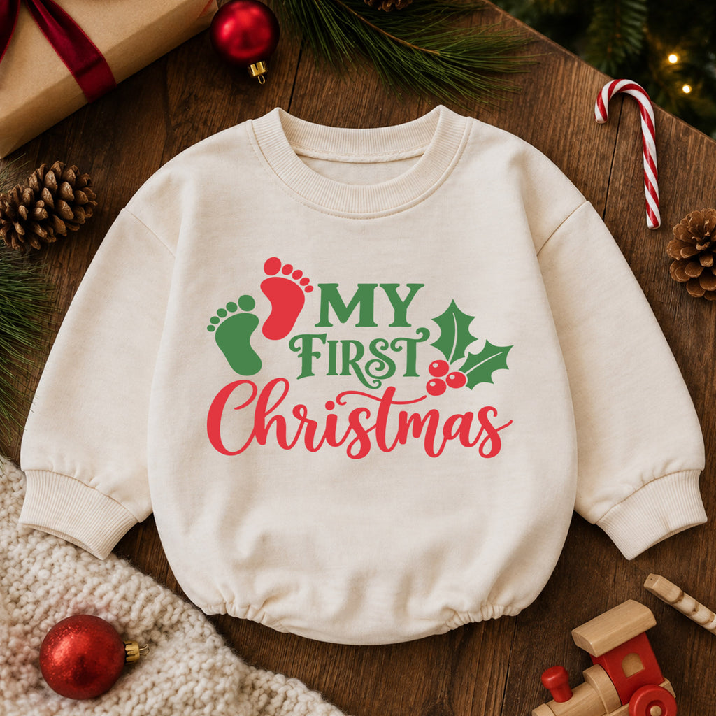 My First Christmas Baby Romper, Baby Footprint Christmas Outfit, Newborn First Xmas Romper, Cute Holiday Baby Gift — product view 6