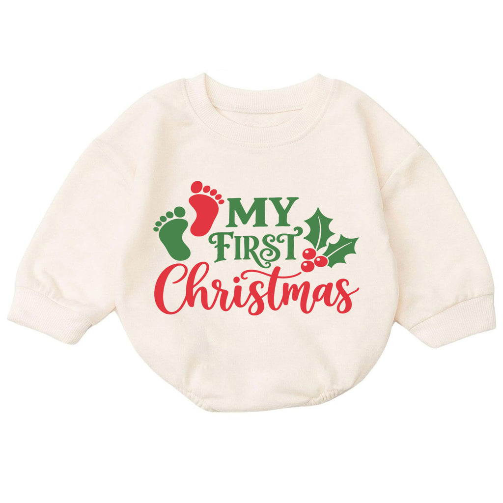 My First Christmas Baby Romper, Baby Footprint Christmas Outfit, Newborn First Xmas Romper, Cute Holiday Baby Gift — product view 7