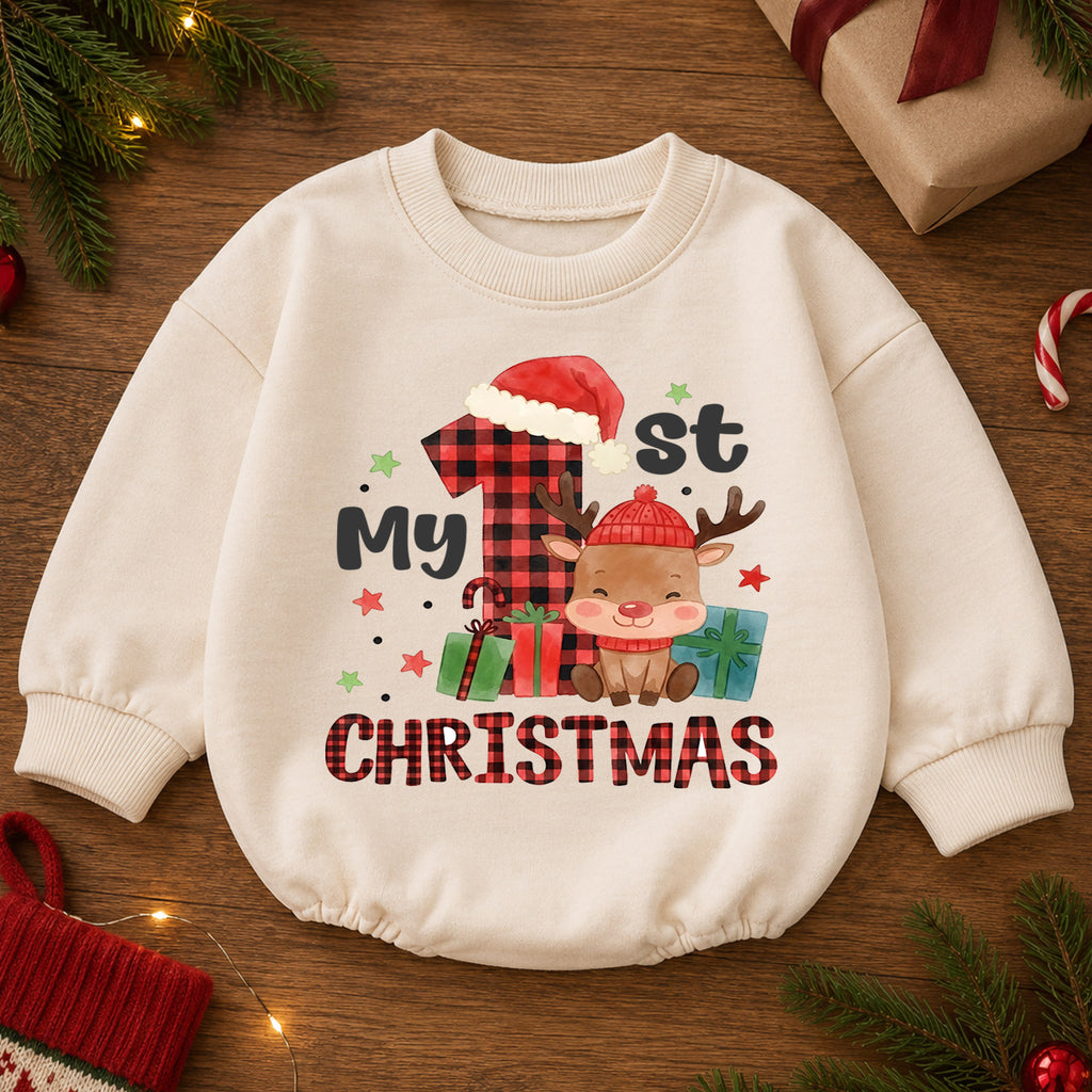 My 1st Christmas Baby Outfit, Buffalo Plaid Reindeer Romper, Baby First Christmas Outfit, Toddler Holiday Romper, 1st Xmas Baby Gift — product view 2