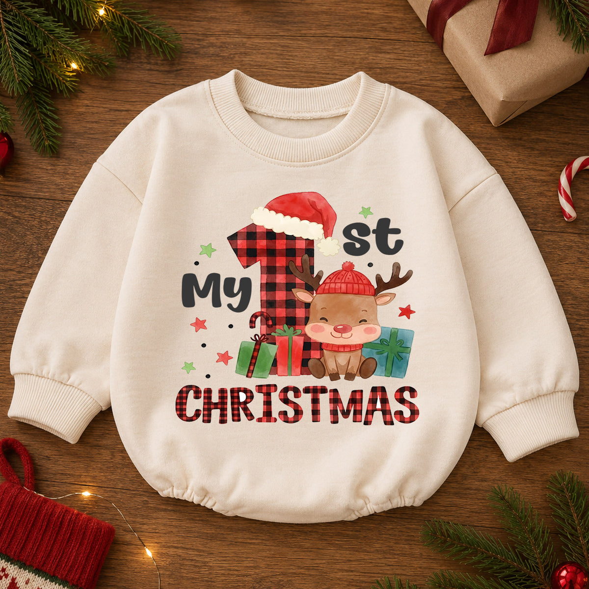 My 1st Christmas Baby Outfit, Buffalo Plaid Reindeer Romper, Baby First Christmas Outfit, Toddler Holiday Romper, 1st Xmas Baby Gift — product view 2