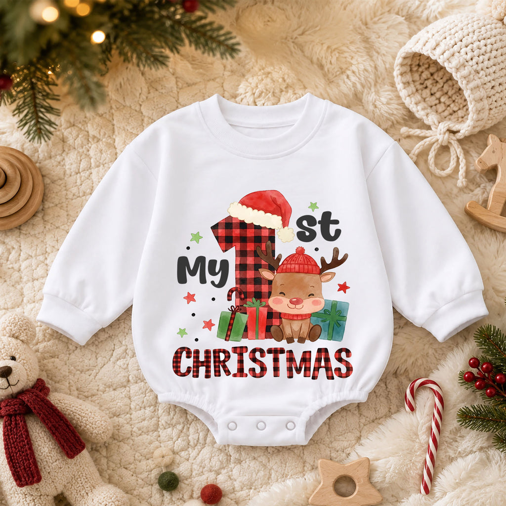 My 1st Christmas Baby Outfit, Buffalo Plaid Reindeer Romper, Baby First Christmas Outfit, Toddler Holiday Romper, 1st Xmas Baby Gift — product view 3