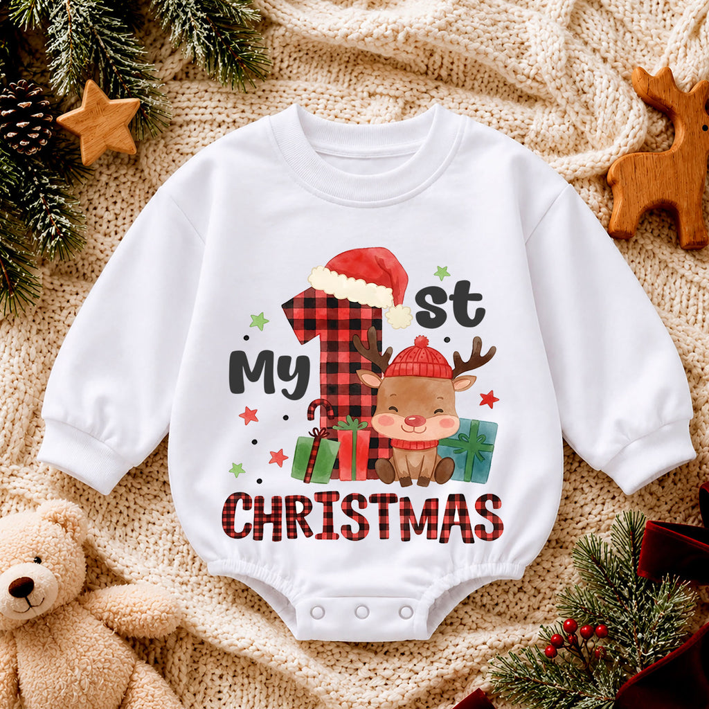 My 1st Christmas Baby Outfit, Buffalo Plaid Reindeer Romper, Baby First Christmas Outfit, Toddler Holiday Romper, 1st Xmas Baby Gift — product view 4