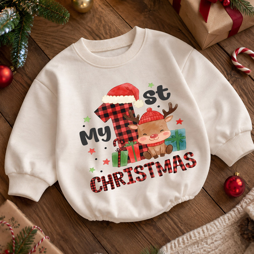 My 1st Christmas Baby Outfit, Buffalo Plaid Reindeer Romper, Baby First Christmas Outfit, Toddler Holiday Romper, 1st Xmas Baby Gift — product view 5