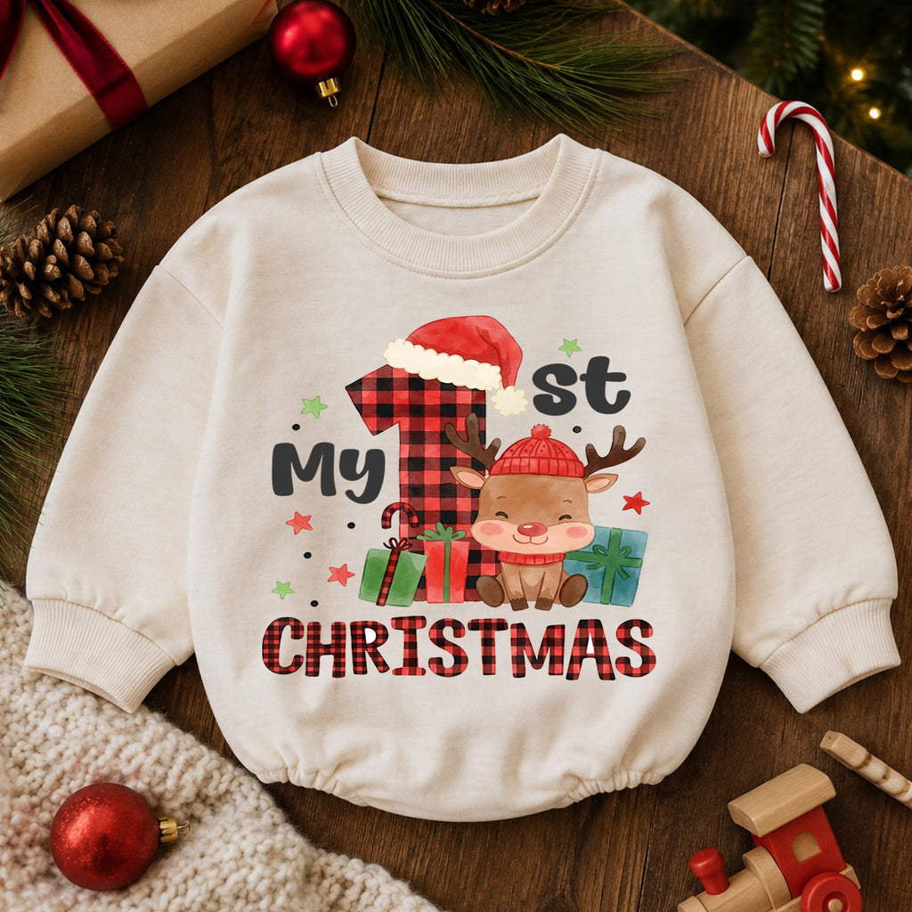 My 1st Christmas Baby Outfit, Buffalo Plaid Reindeer Romper, Baby First Christmas Outfit, Toddler Holiday Romper, 1st Xmas Baby Gift — product view 6