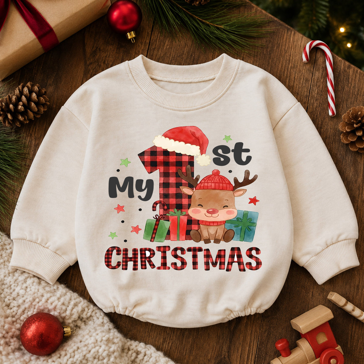 My 1st Christmas Baby Outfit, Buffalo Plaid Reindeer Romper, Baby First Christmas Outfit, Toddler Holiday Romper, 1st Xmas Baby Gift — product view 6