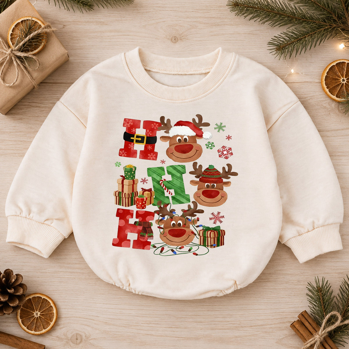 Ho Ho Ho Christmas Baby Outfit, Cute Reindeer Holiday Romper, Baby First Christmas Romper, Toddler Xmas Outfit, Christmas Baby Gift — product view 1