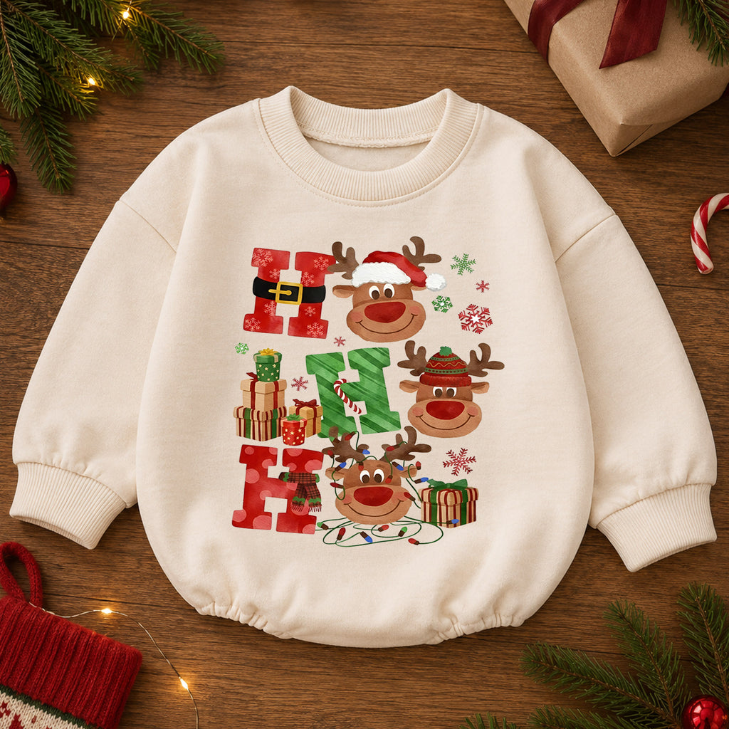 Ho Ho Ho Christmas Baby Outfit, Cute Reindeer Holiday Romper, Baby First Christmas Romper, Toddler Xmas Outfit, Christmas Baby Gift — product view 2