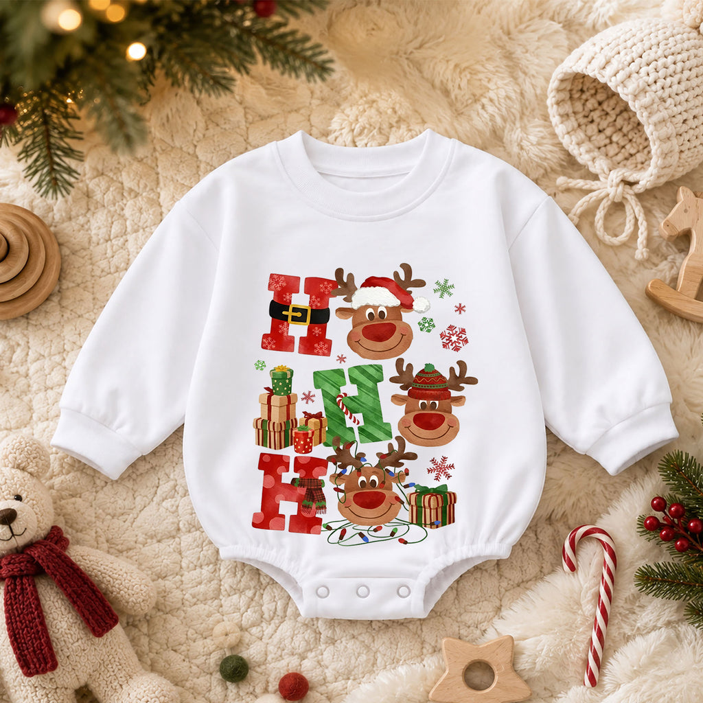 Ho Ho Ho Christmas Baby Outfit, Cute Reindeer Holiday Romper, Baby First Christmas Romper, Toddler Xmas Outfit, Christmas Baby Gift — product view 3